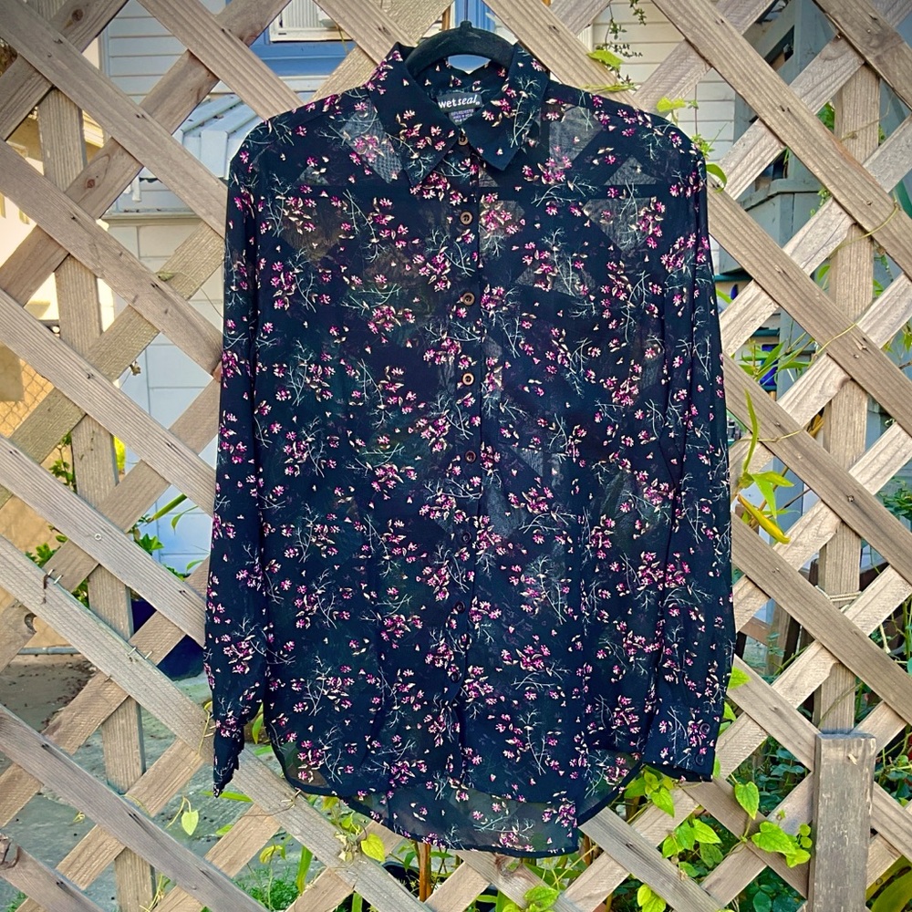 Vintage 90s Sheer Black Floral Button Up Shirt